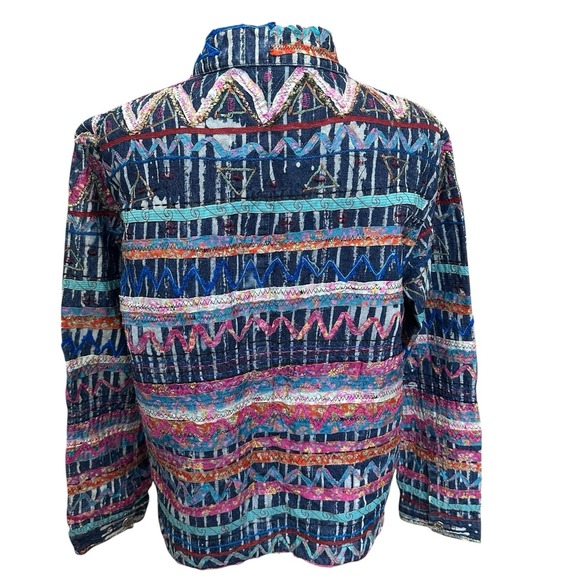 Chico's Denim Jacket Women's Size 2 (12/14) Blue Colorful Ribbon Art To Wear - Picture 4 of 10